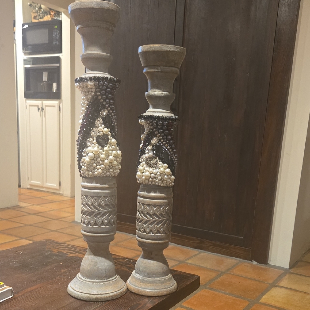 Artisan Beaded Candle Holders in Gray and Cream